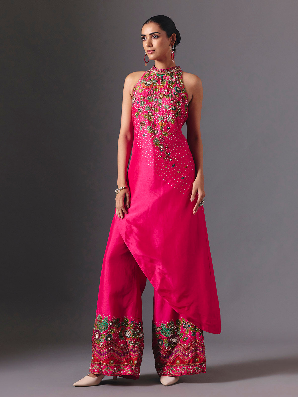 Rani pink silk designer floral palazzo suit with elegant embellishments