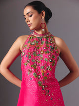 Rani pink silk designer floral palazzo suit with elegant embellishments