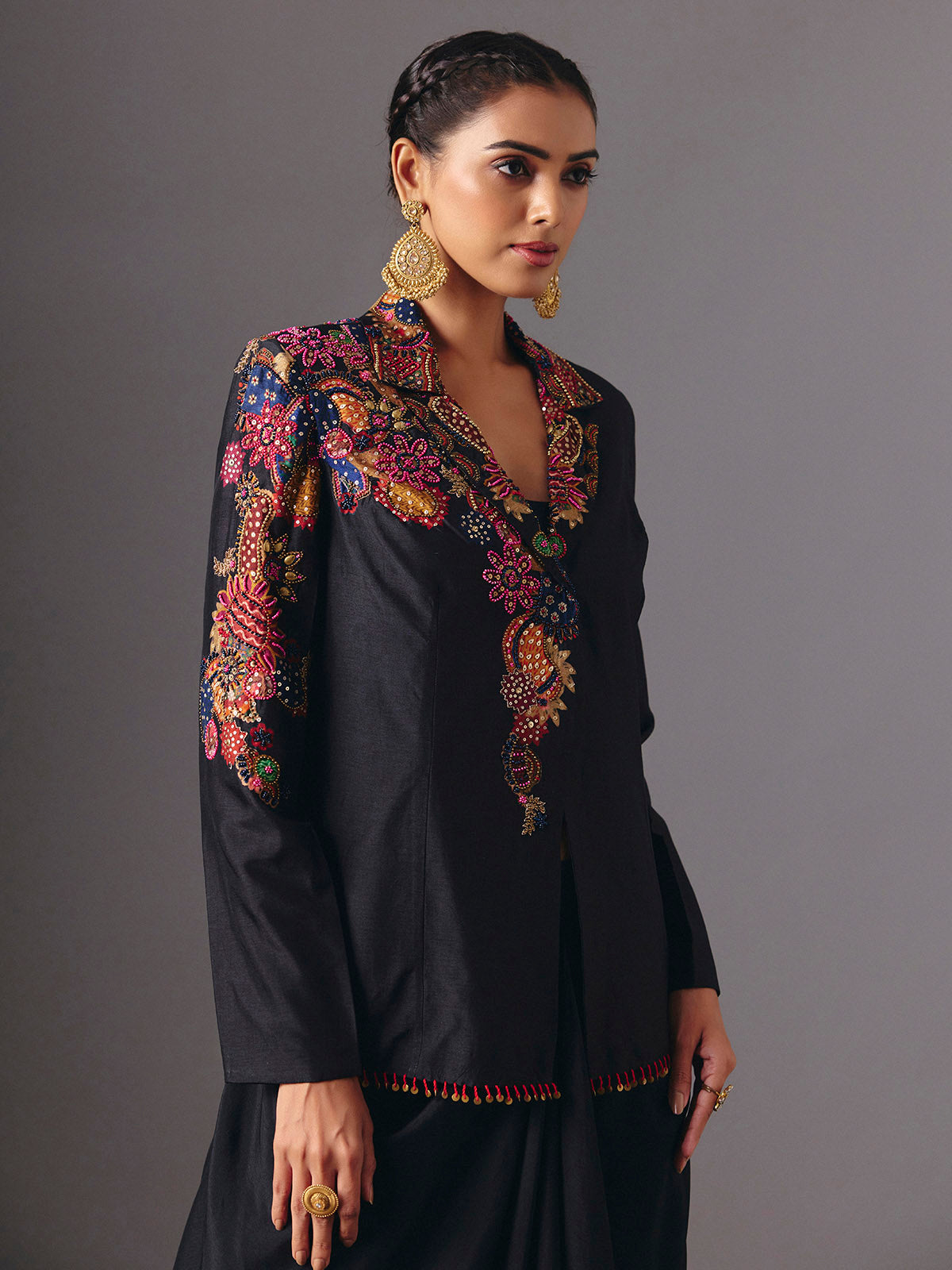 Black silk designer three piece indowestern suit with floral motifs