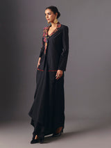Black silk designer three piece indowestern suit with floral motifs