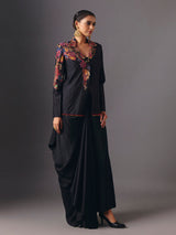 Black silk designer three piece indowestern suit with floral motifs