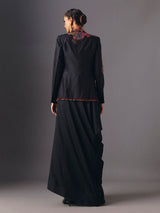 Black silk designer three piece indowestern suit with floral motifs
