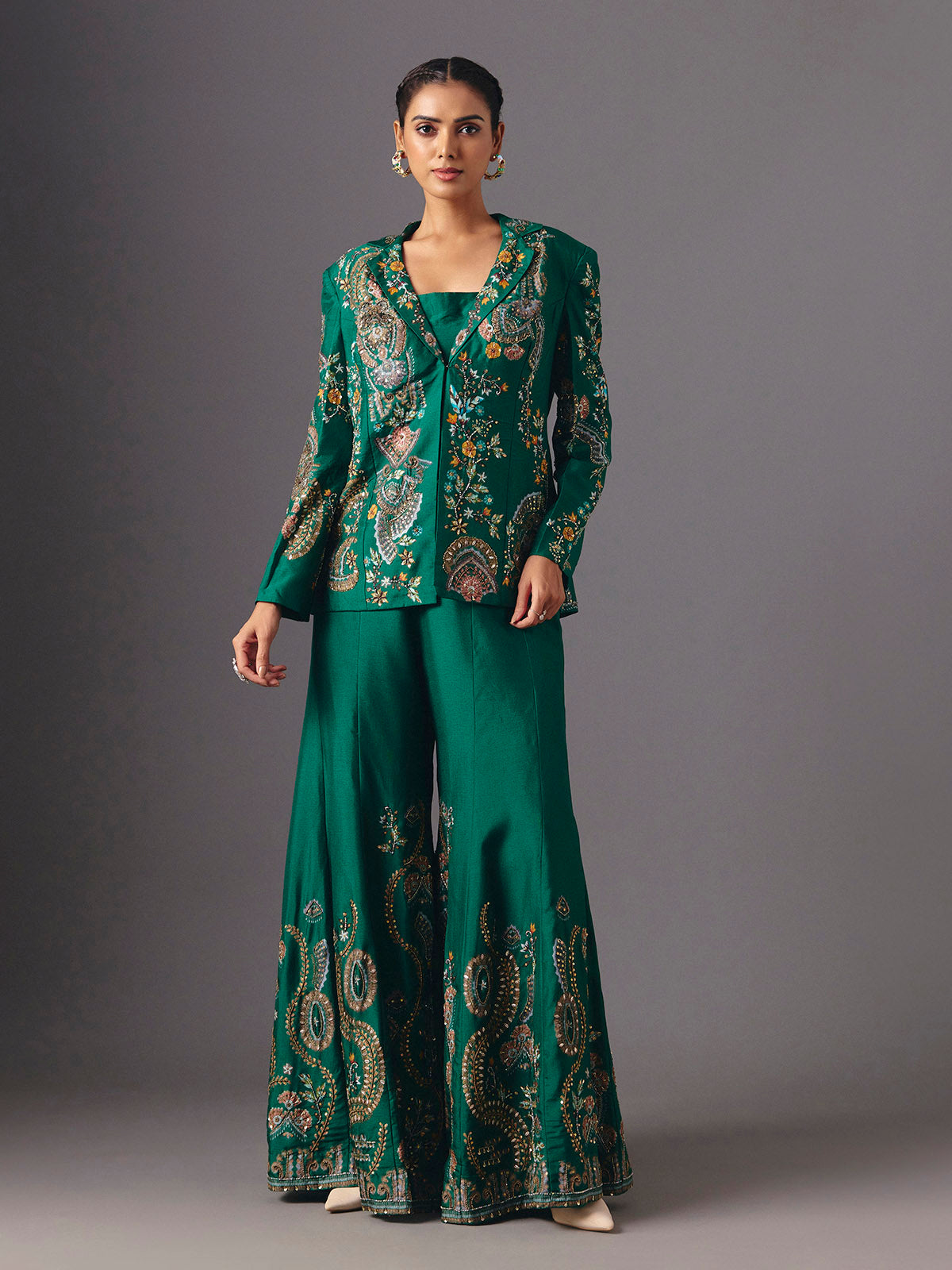 Green silk floral jacket style palazzo suit with elegant embellishments
