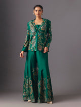 Green silk floral jacket style palazzo suit with elegant embellishments