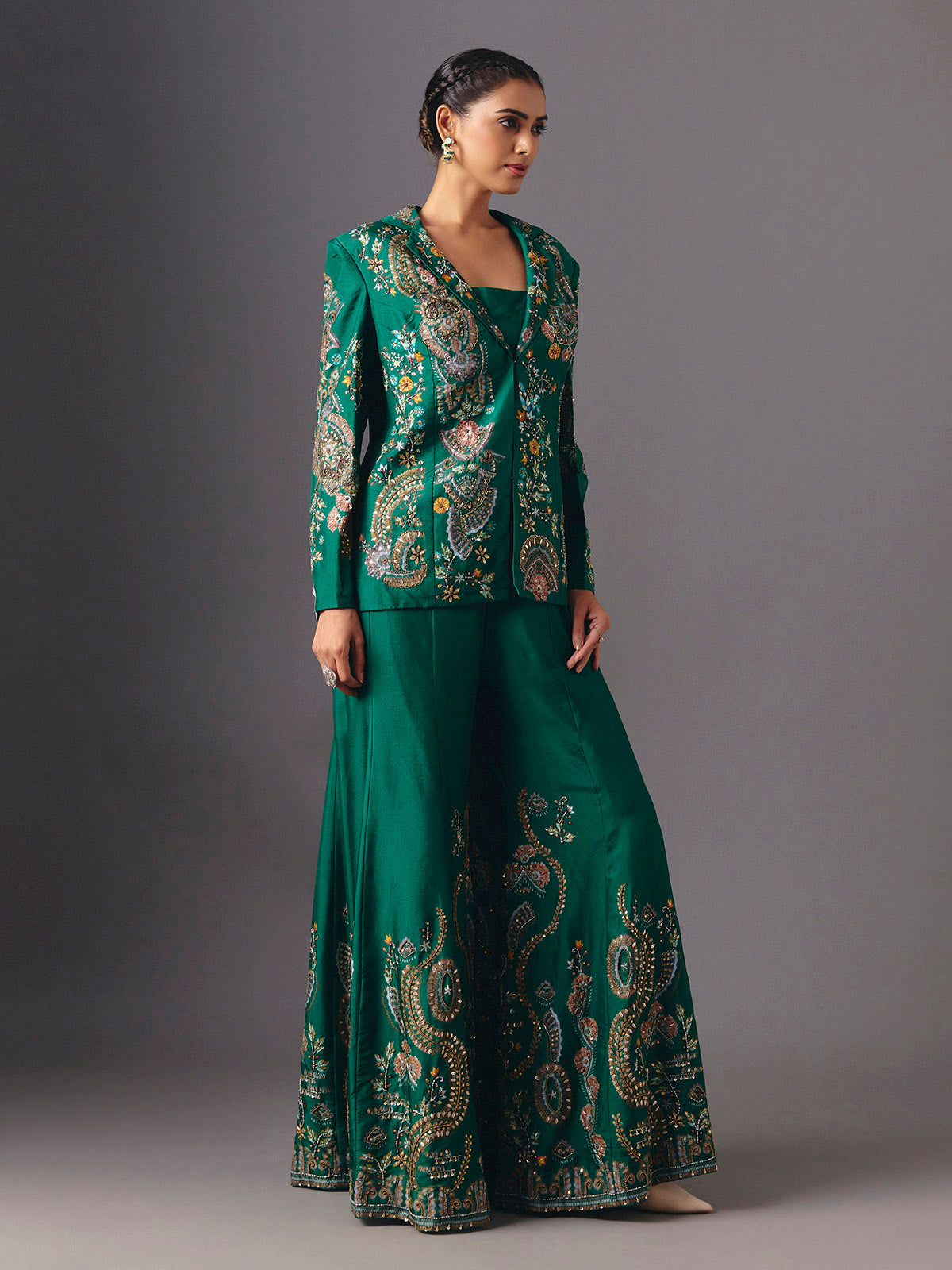 Green silk floral jacket style palazzo suit with elegant embellishments