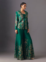 Green silk floral jacket style palazzo suit with elegant embellishments