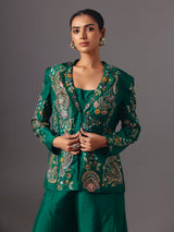 Green silk floral jacket style palazzo suit with elegant embellishments