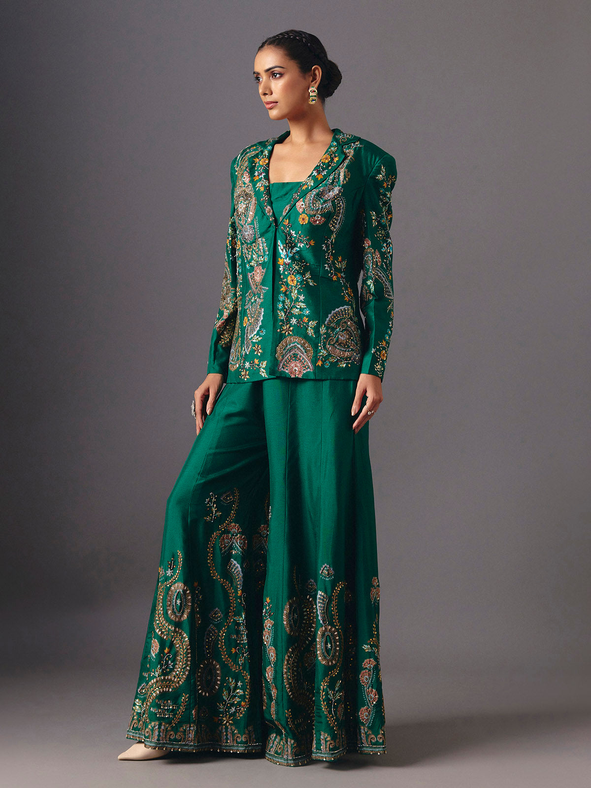 Green silk floral jacket style palazzo suit with elegant embellishments