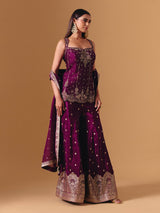 Purple raw silk embroidered palazzo suit with elegant festive dupatta