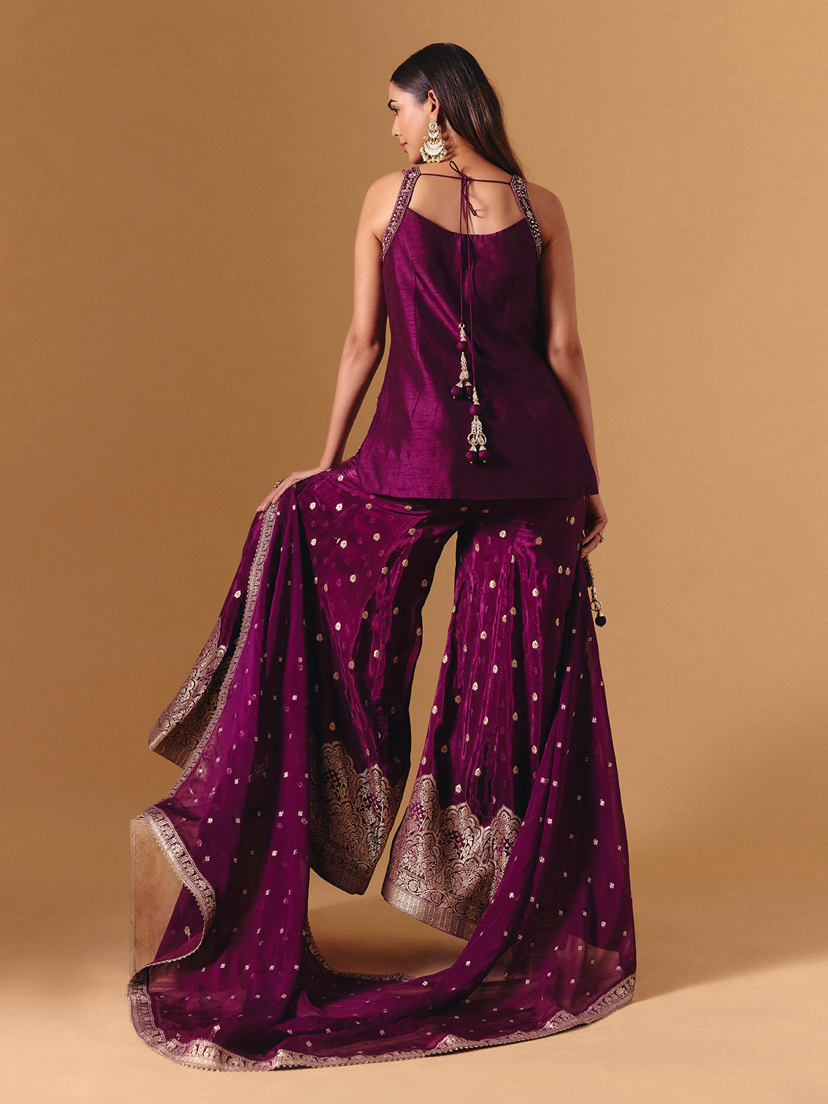Purple raw silk embroidered palazzo suit with elegant festive dupatta