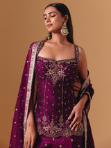 Purple raw silk embroidered palazzo suit with elegant festive dupatta