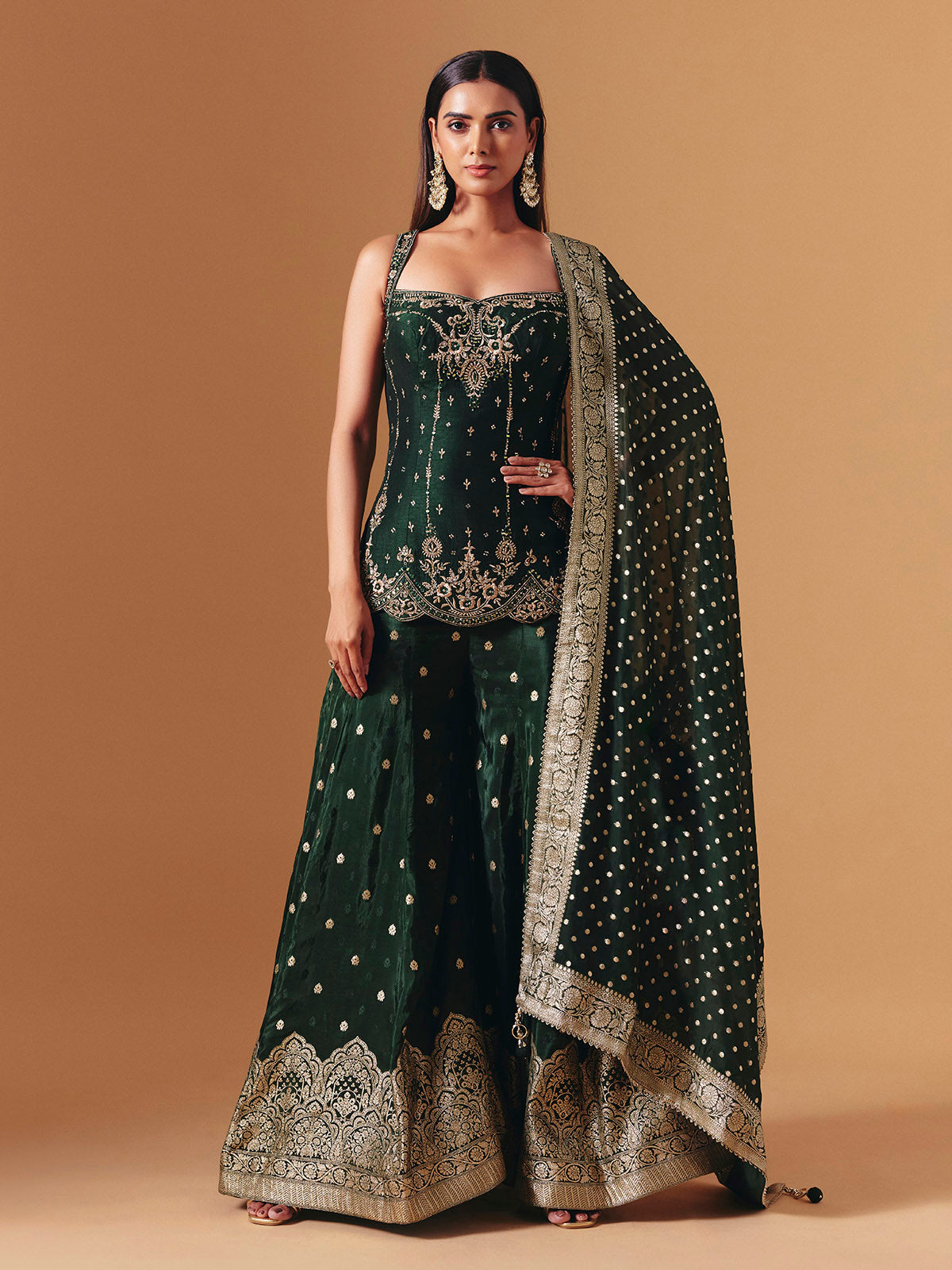 Green raw silk embroidered palazzo suit with elegant festive dupatta