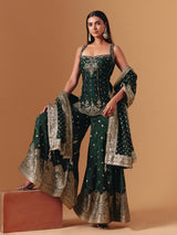 Green raw silk embroidered palazzo suit with elegant festive dupatta