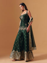 Green raw silk embroidered palazzo suit with elegant festive dupatta