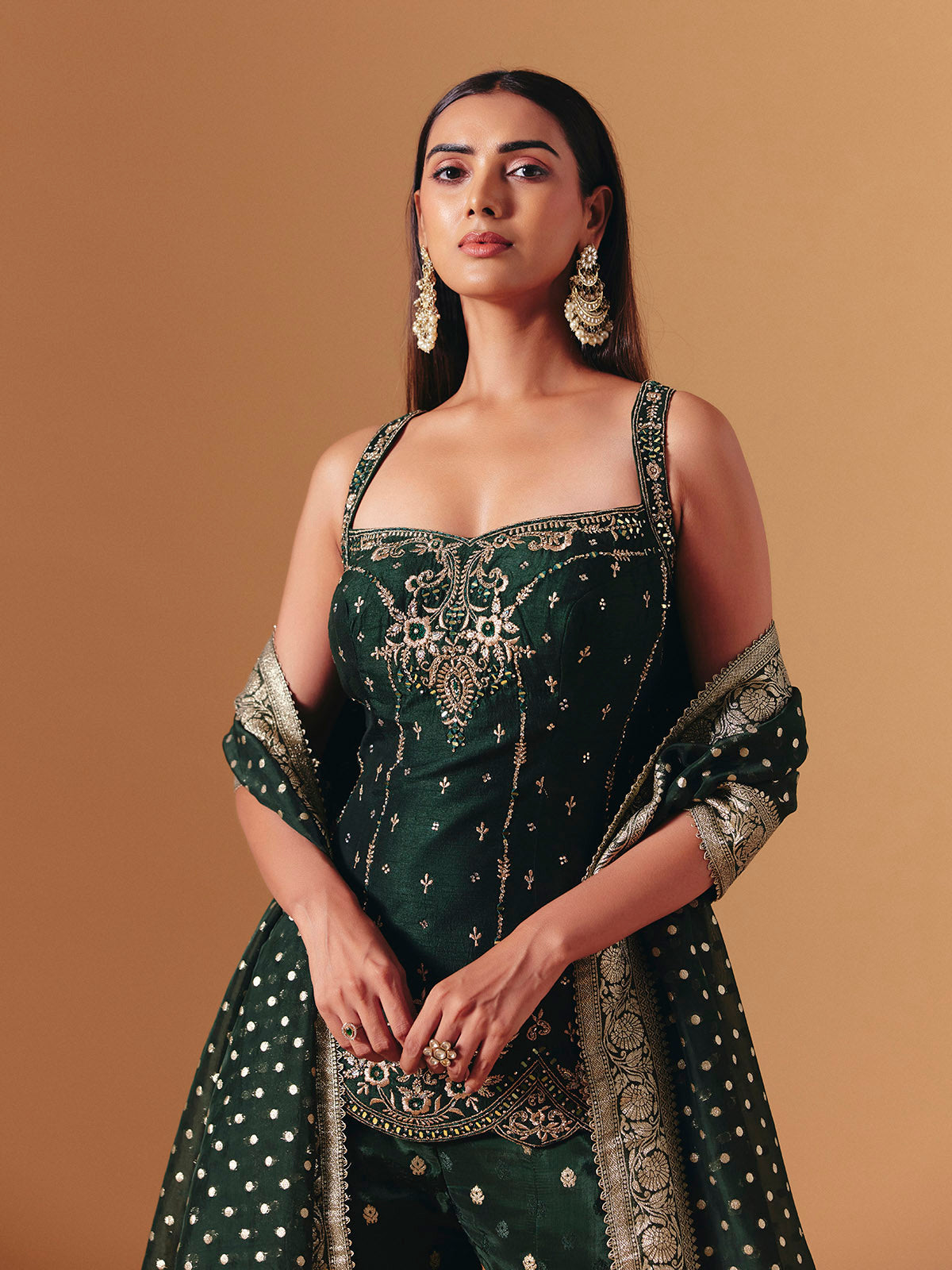 Green raw silk embroidered palazzo suit with elegant festive dupatta