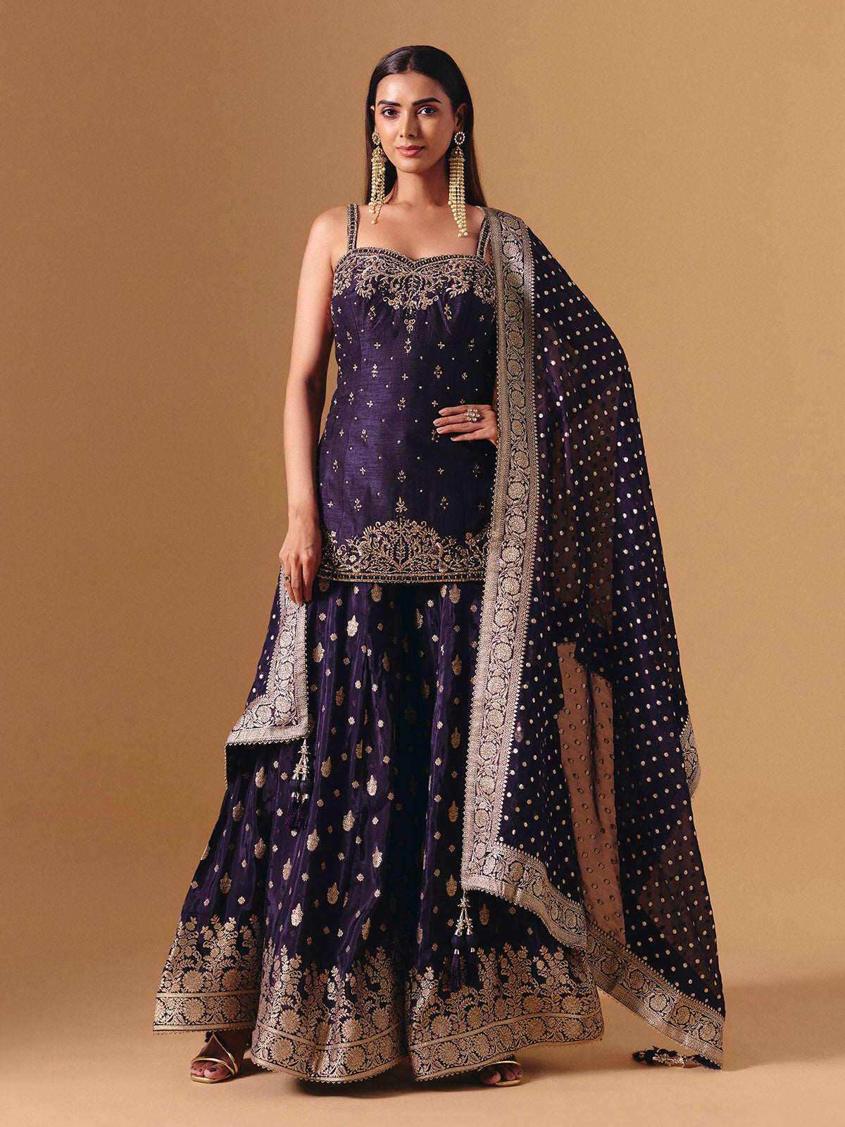Purple raw silk festive palazzo suit with luxurious embroidered elegance