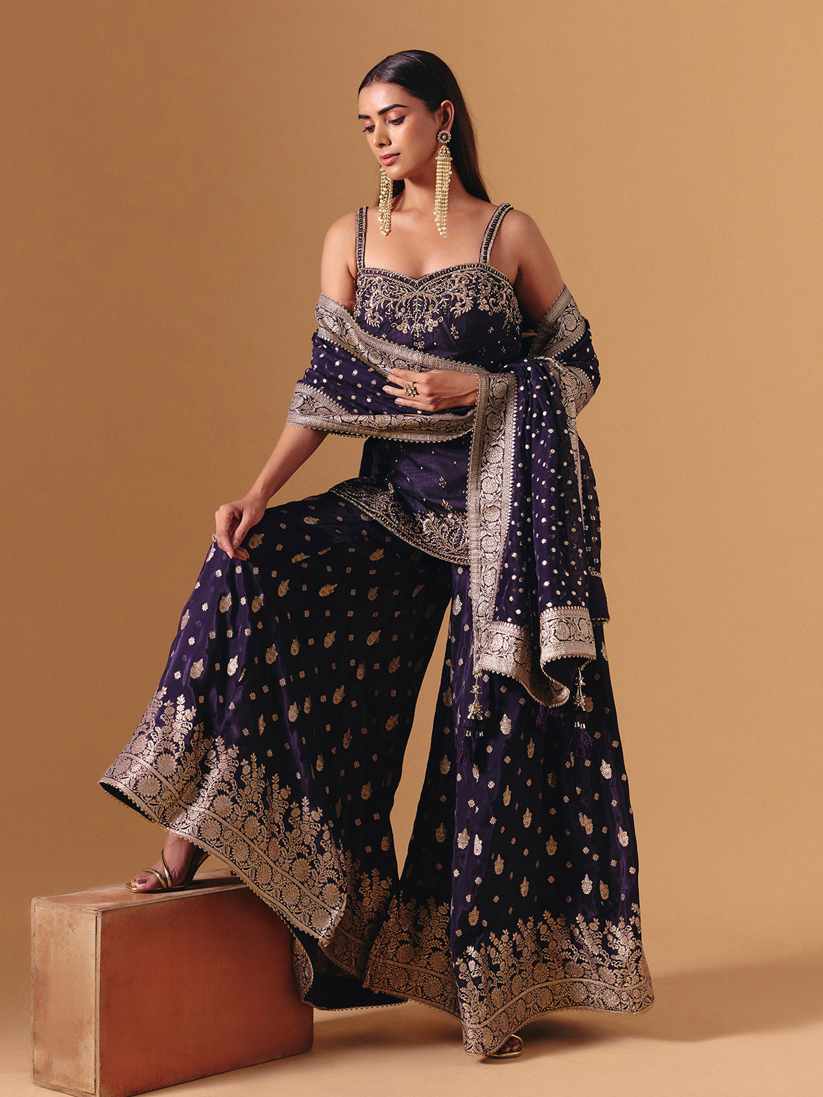 Purple raw silk festive palazzo suit with luxurious embroidered elegance