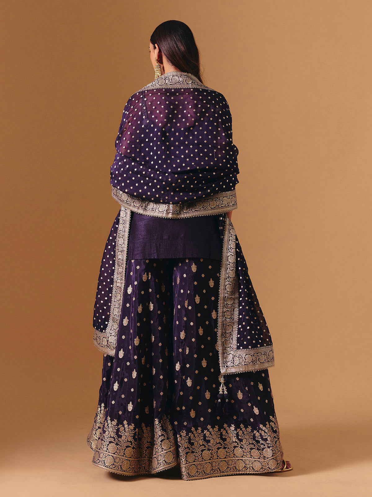 Purple raw silk festive palazzo suit with luxurious embroidered elegance