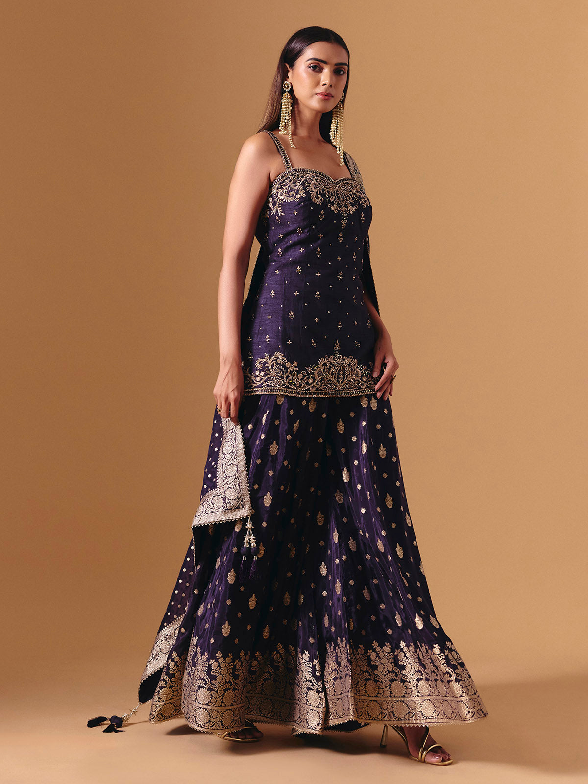 Purple raw silk festive palazzo suit with luxurious embroidered elegance