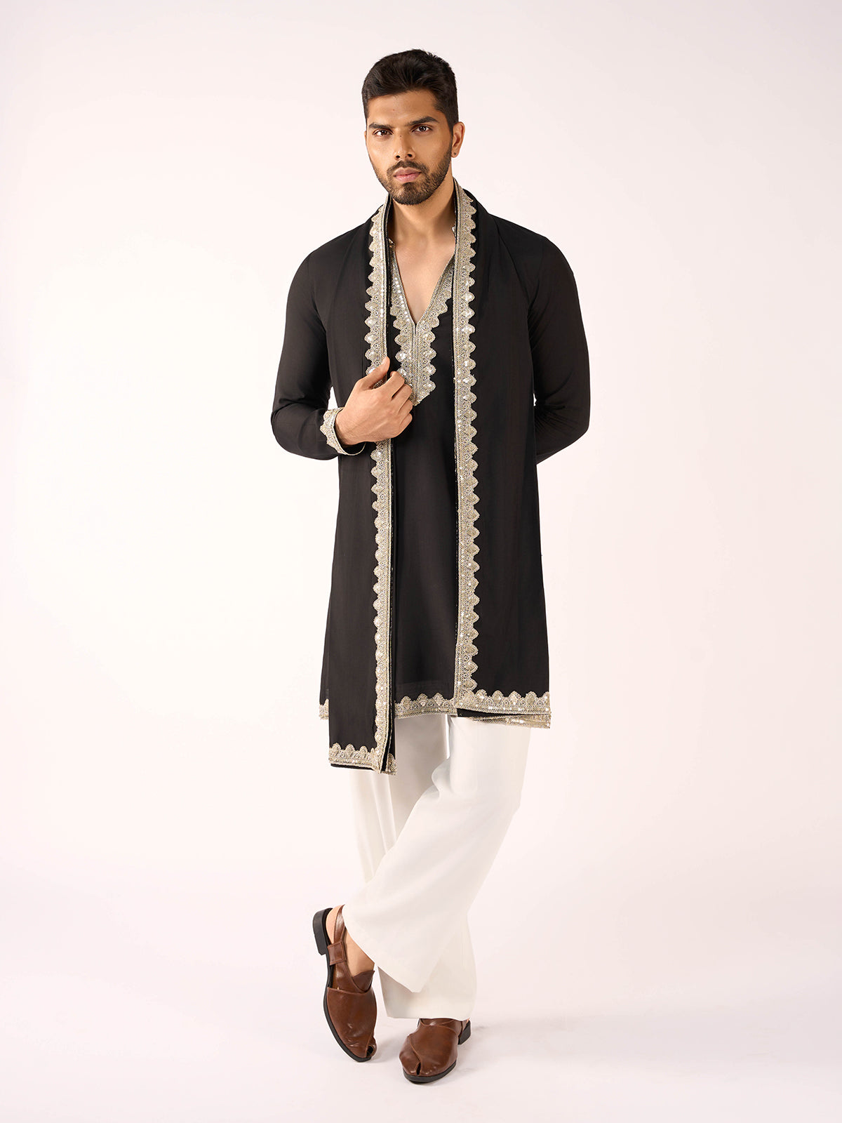 Black embroidered terry rayon reception kurta for men