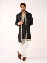 Black embroidered terry rayon reception kurta for men