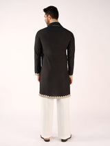 Black embroidered terry rayon reception kurta for men