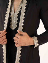 Black embroidered terry rayon reception kurta for men