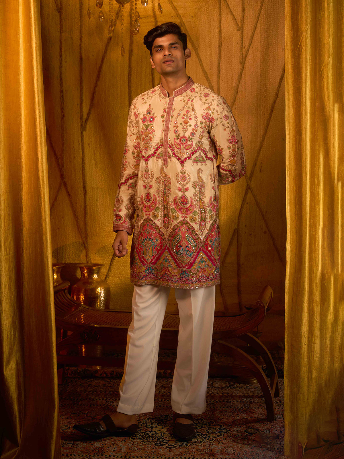 Cream viscose paisley embroidered premium kurta pajama