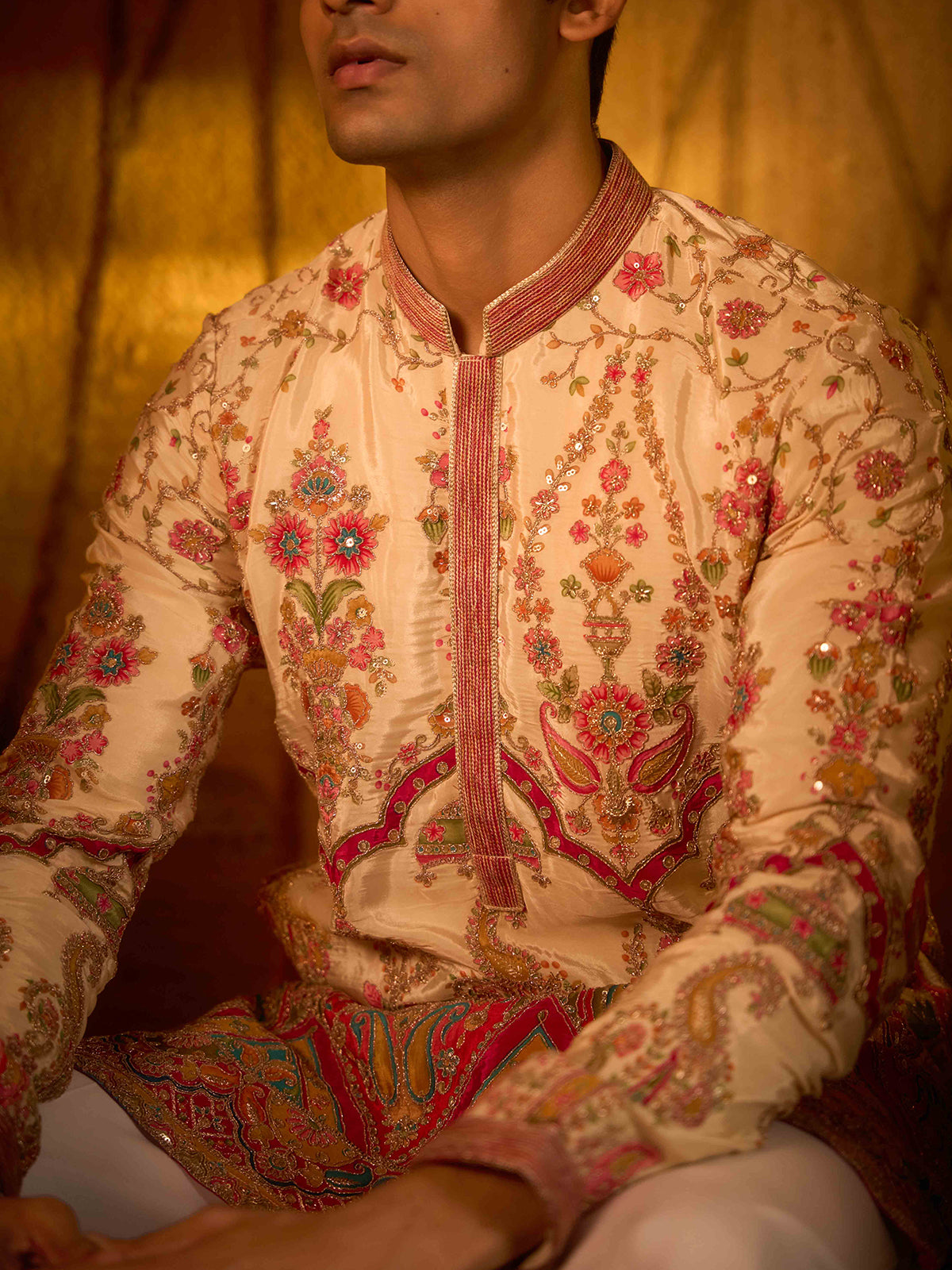 Cream viscose paisley embroidered premium kurta pajama