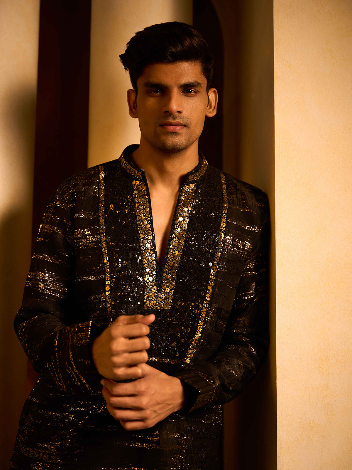 Black printed imported terry rayon festive designer kurta pajama