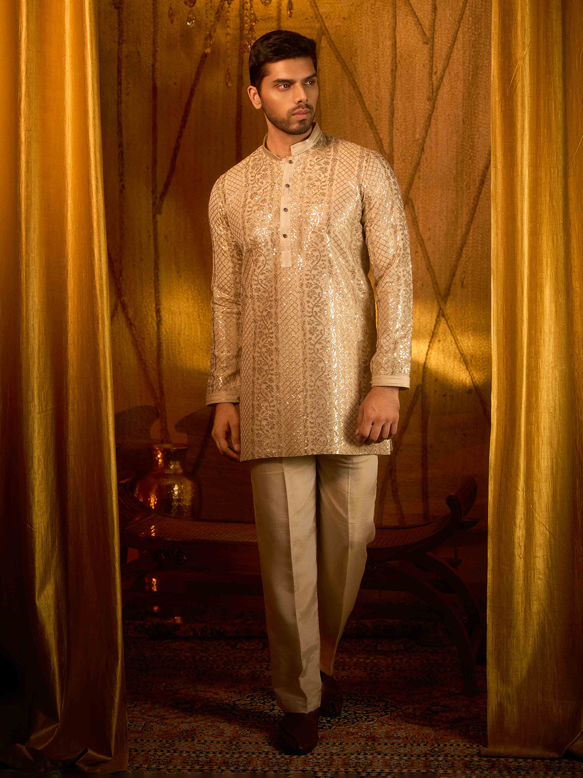Soft ivory tissue silk woven jaal designer kurta