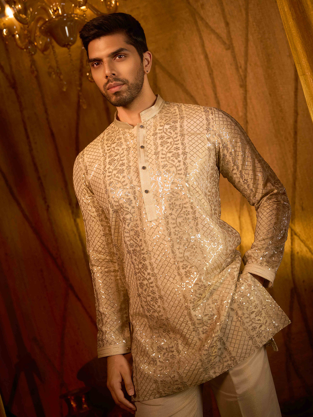Soft ivory tissue silk woven jaal designer kurta