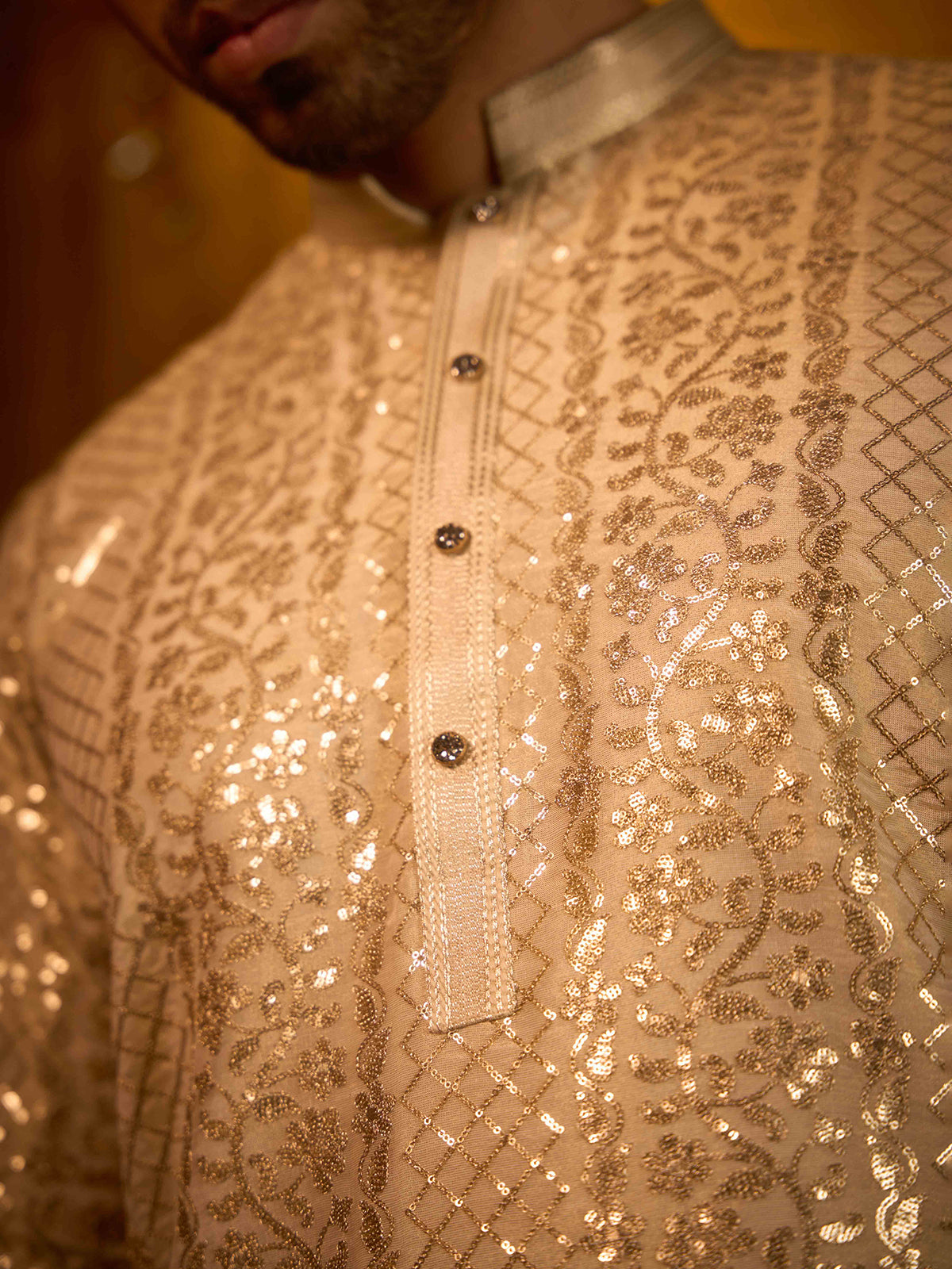 Soft ivory tissue silk woven jaal designer kurta