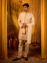 Cream multicolour embroidered tissue silk festive kurta