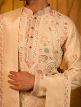 Cream multicolour embroidered tissue silk festive kurta