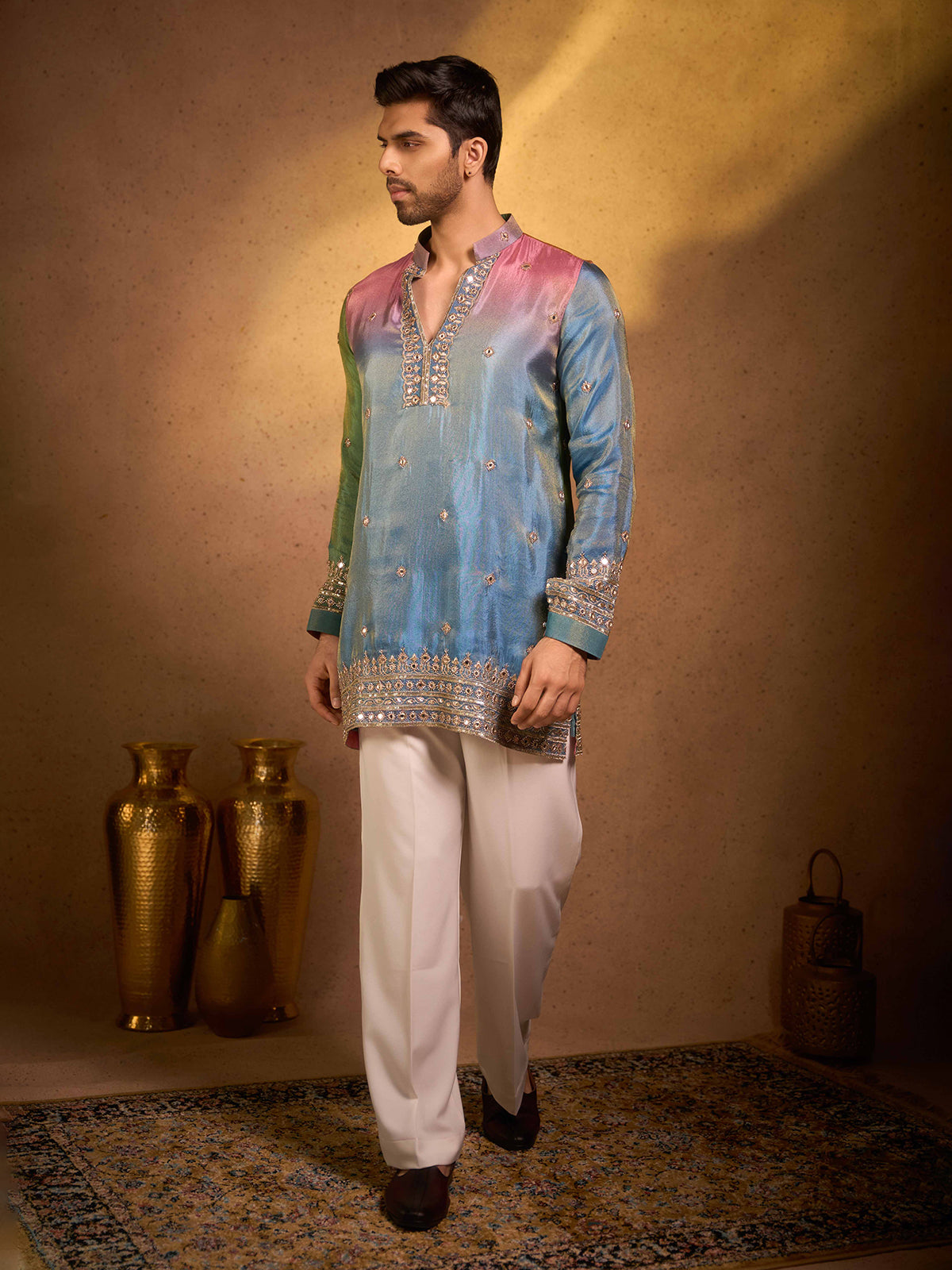 Blue shaded tissue silk designer festive kurta pajama suit