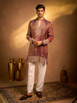 Shimmer wine tissue silk embroidered wedding kurta pajama