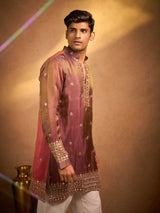 Shimmer wine tissue silk embroidered wedding kurta pajama