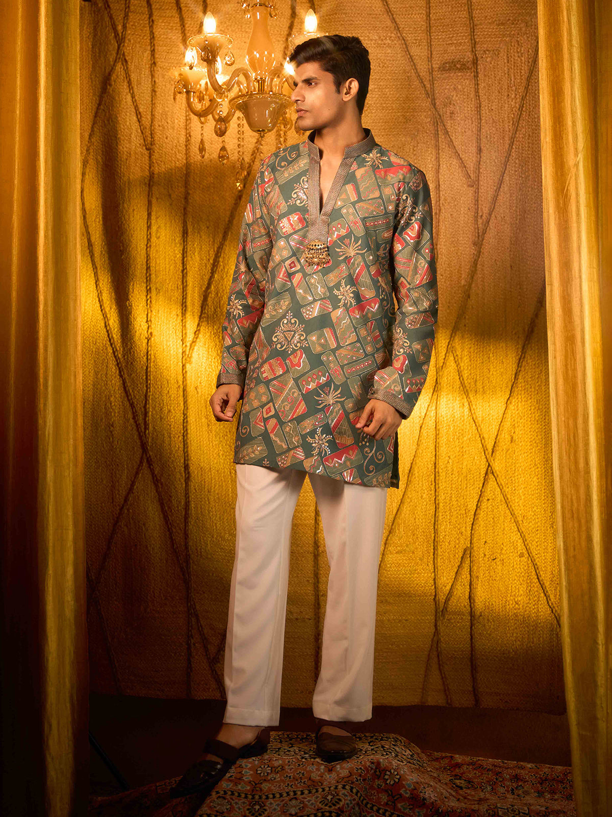 Sage green tissue silk brooch style kurta suit