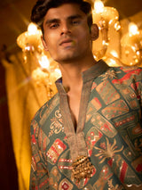 Sage green tissue silk brooch style kurta suit