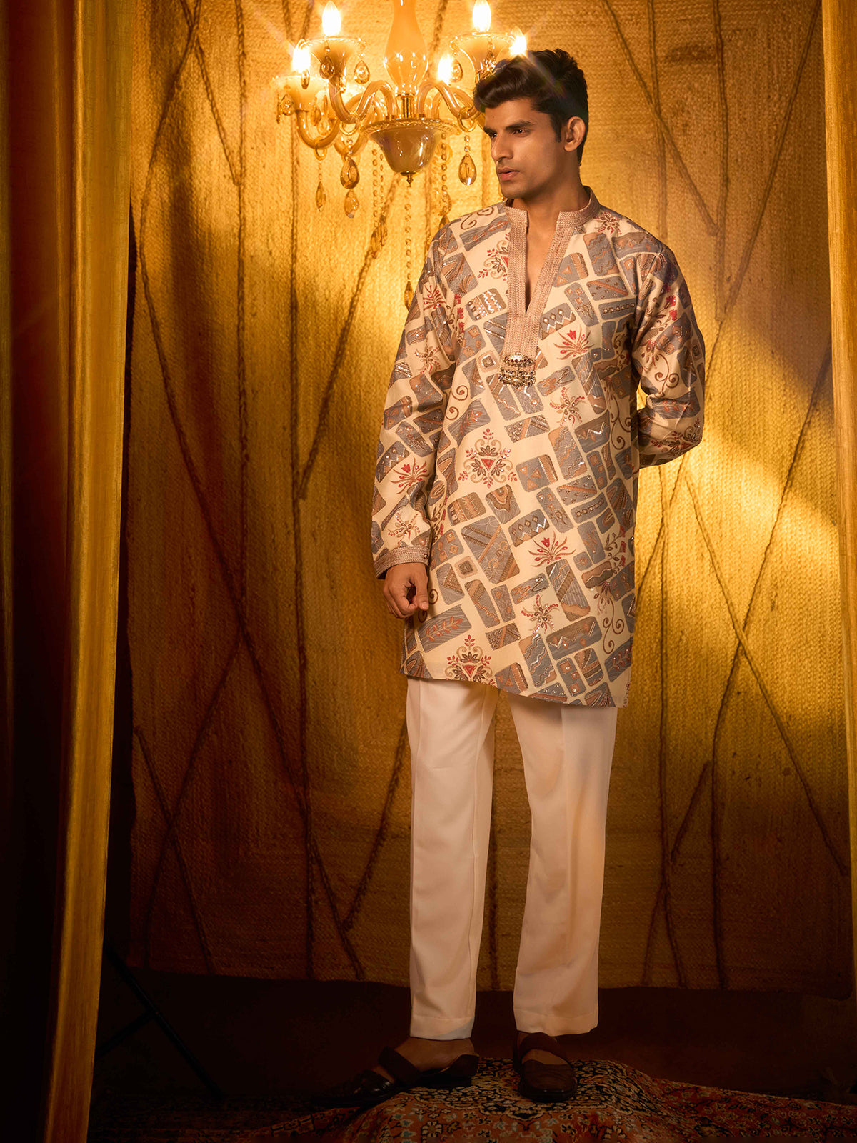 Beige tissue silk embroidered ethnic kurta suit