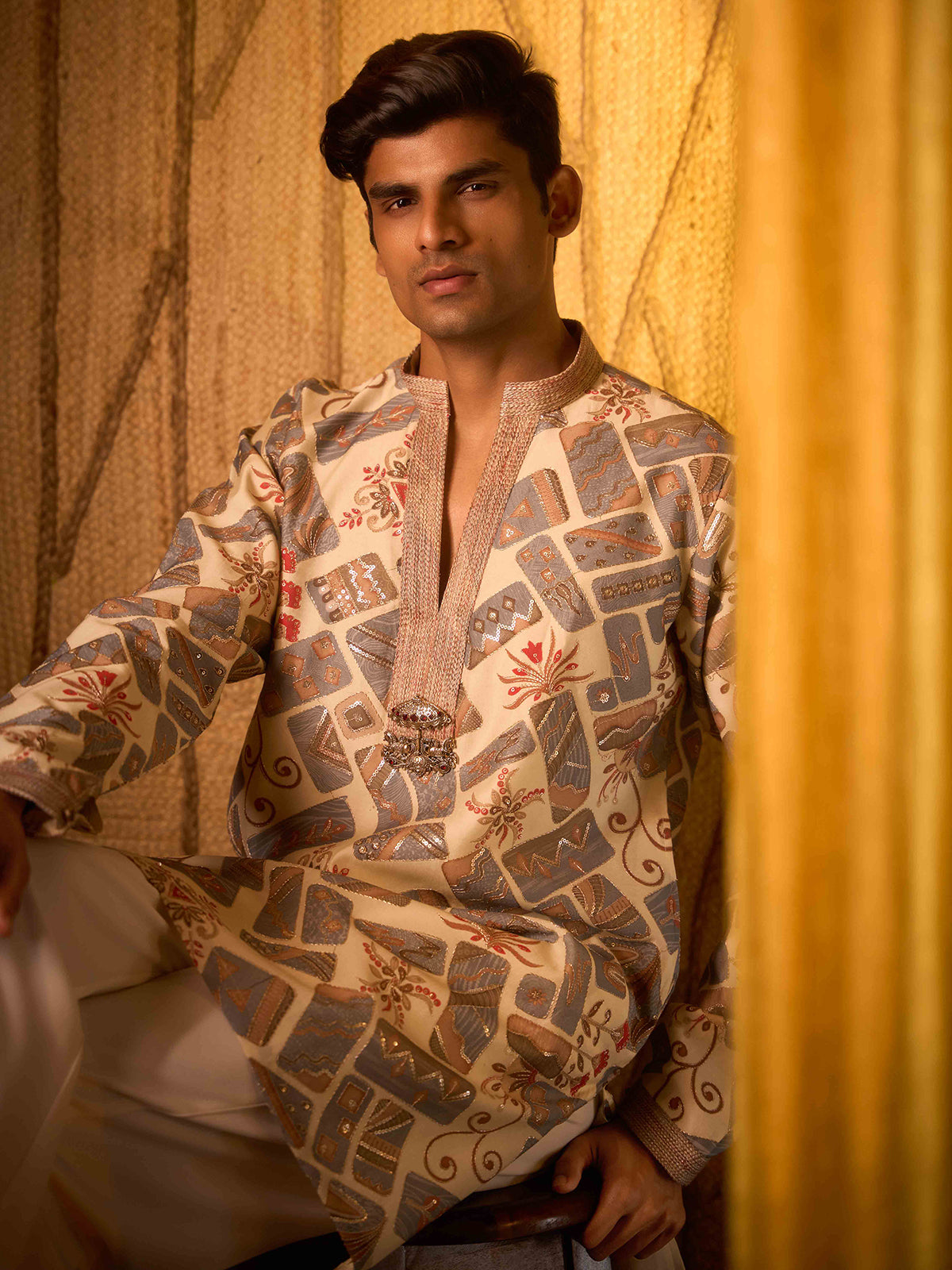 Beige tissue silk embroidered ethnic kurta suit