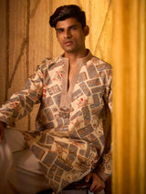 Beige tissue silk embroidered ethnic kurta suit