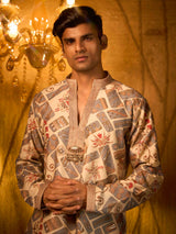 Beige tissue silk embroidered ethnic kurta suit