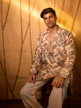 Beige tissue silk embroidered ethnic kurta suit
