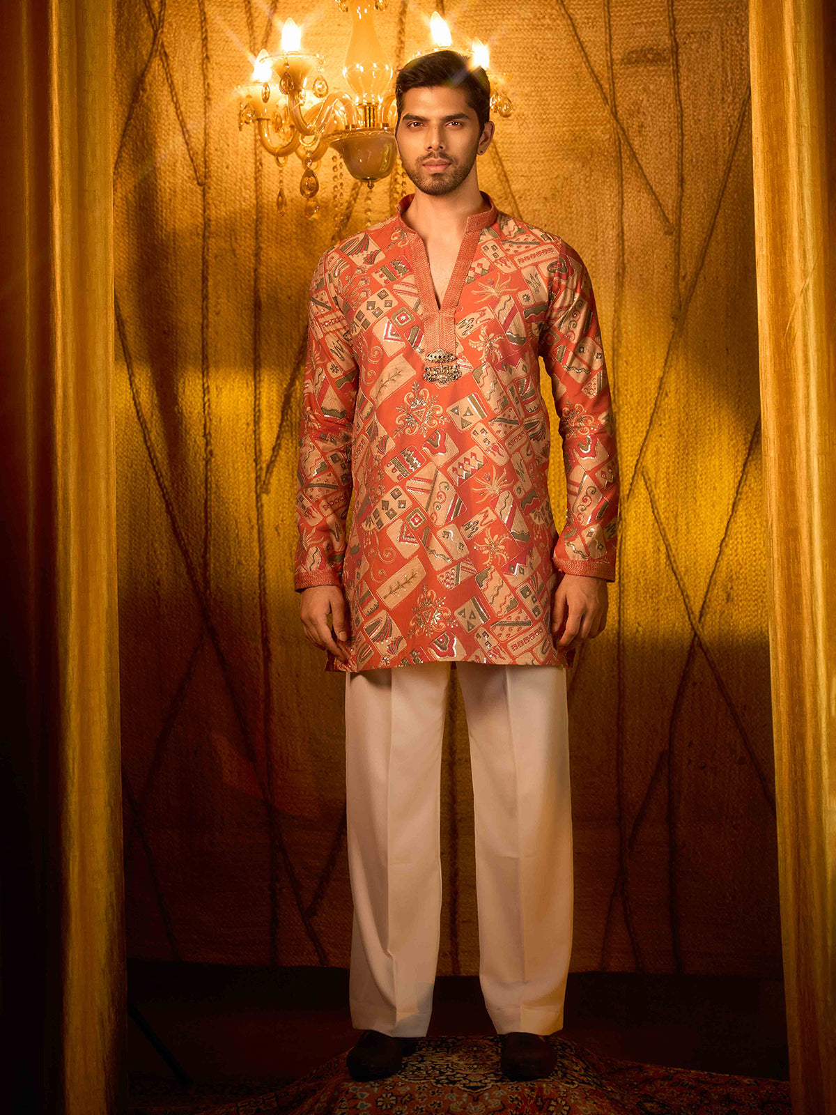 Orange tissue silk ceremonial kurta pajama outfit