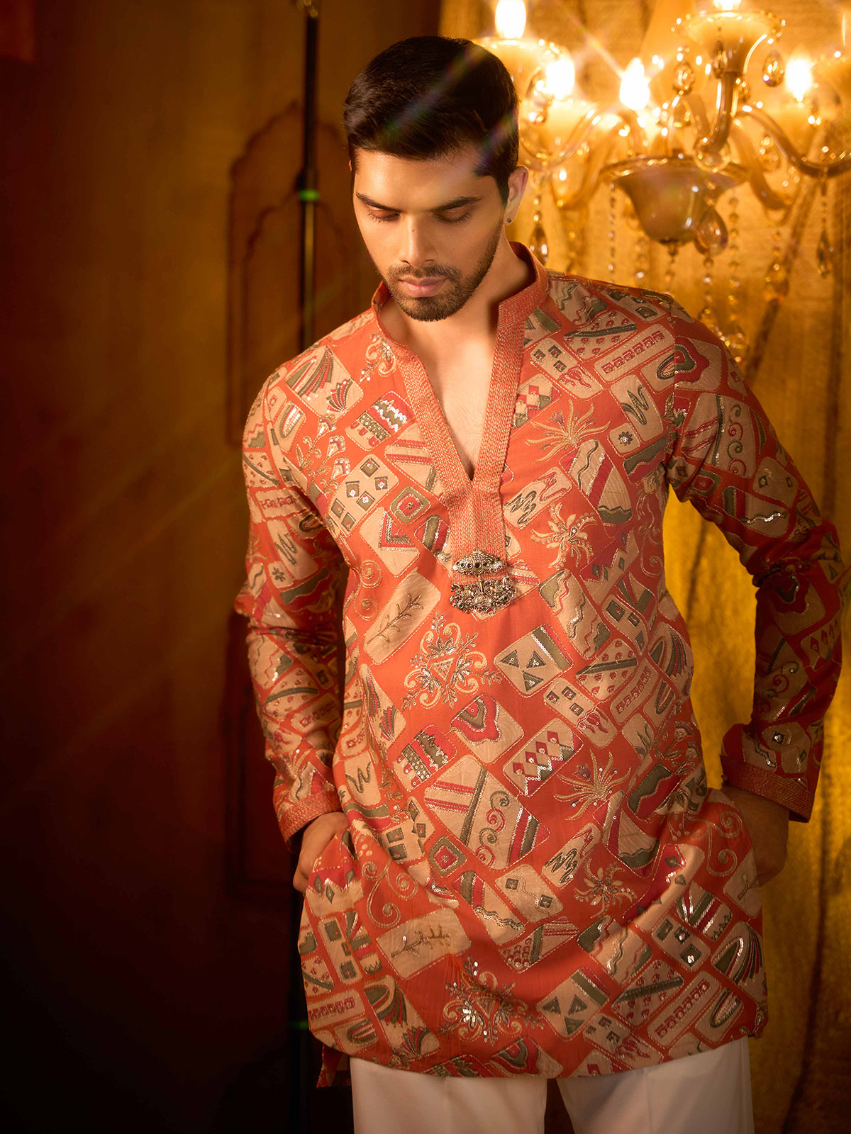 Orange tissue silk ceremonial kurta pajama outfit
