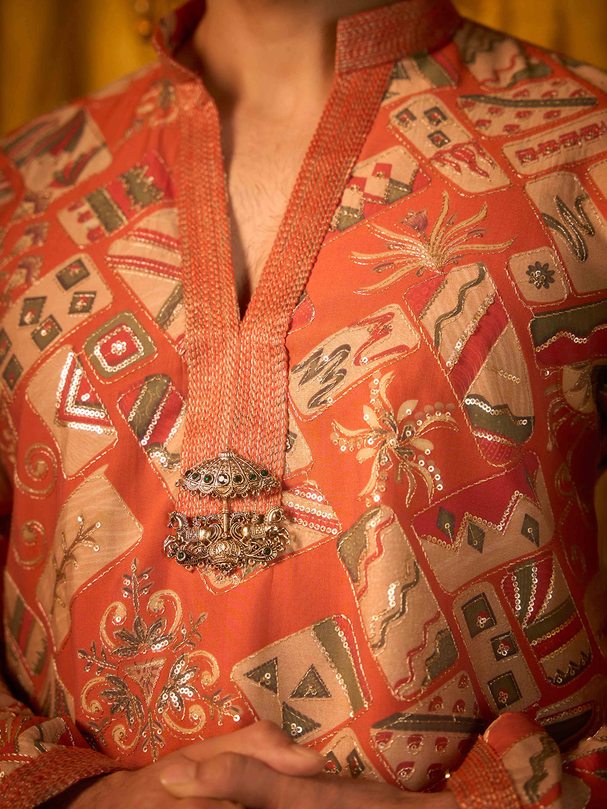 Orange tissue silk ceremonial kurta pajama outfit