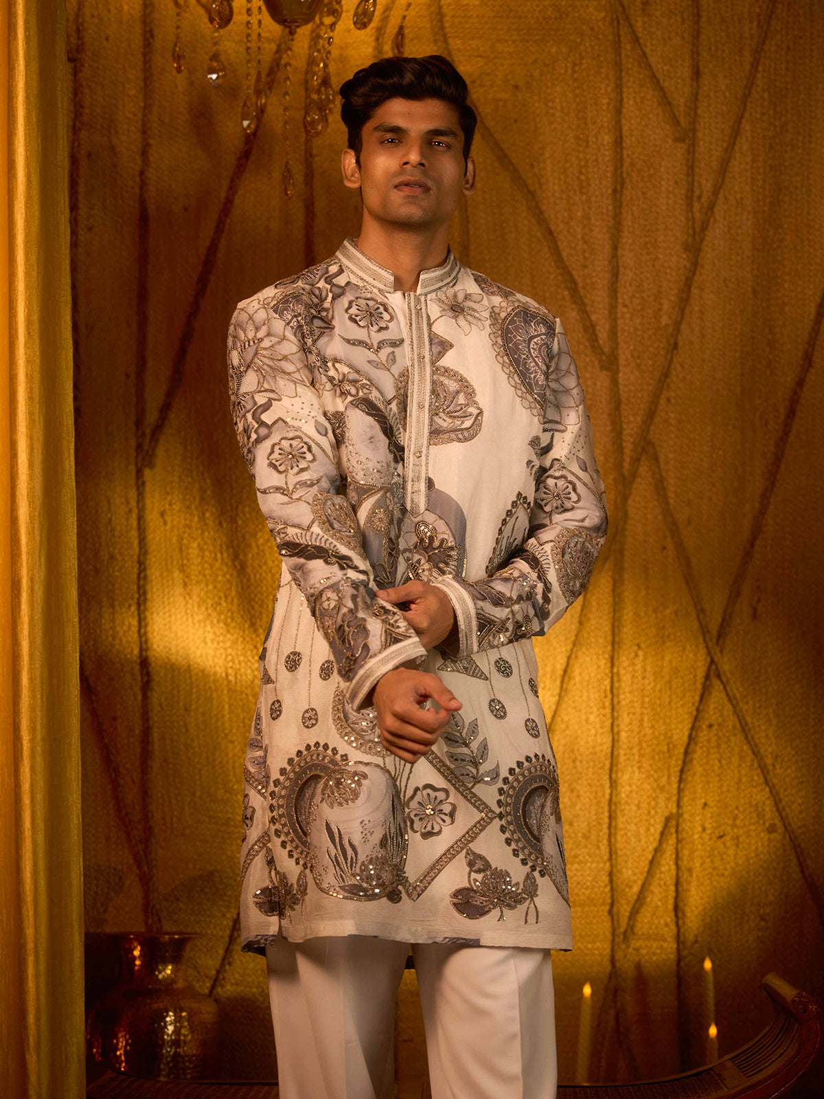 Cream printed tissue silk botanical designer kurta suit
