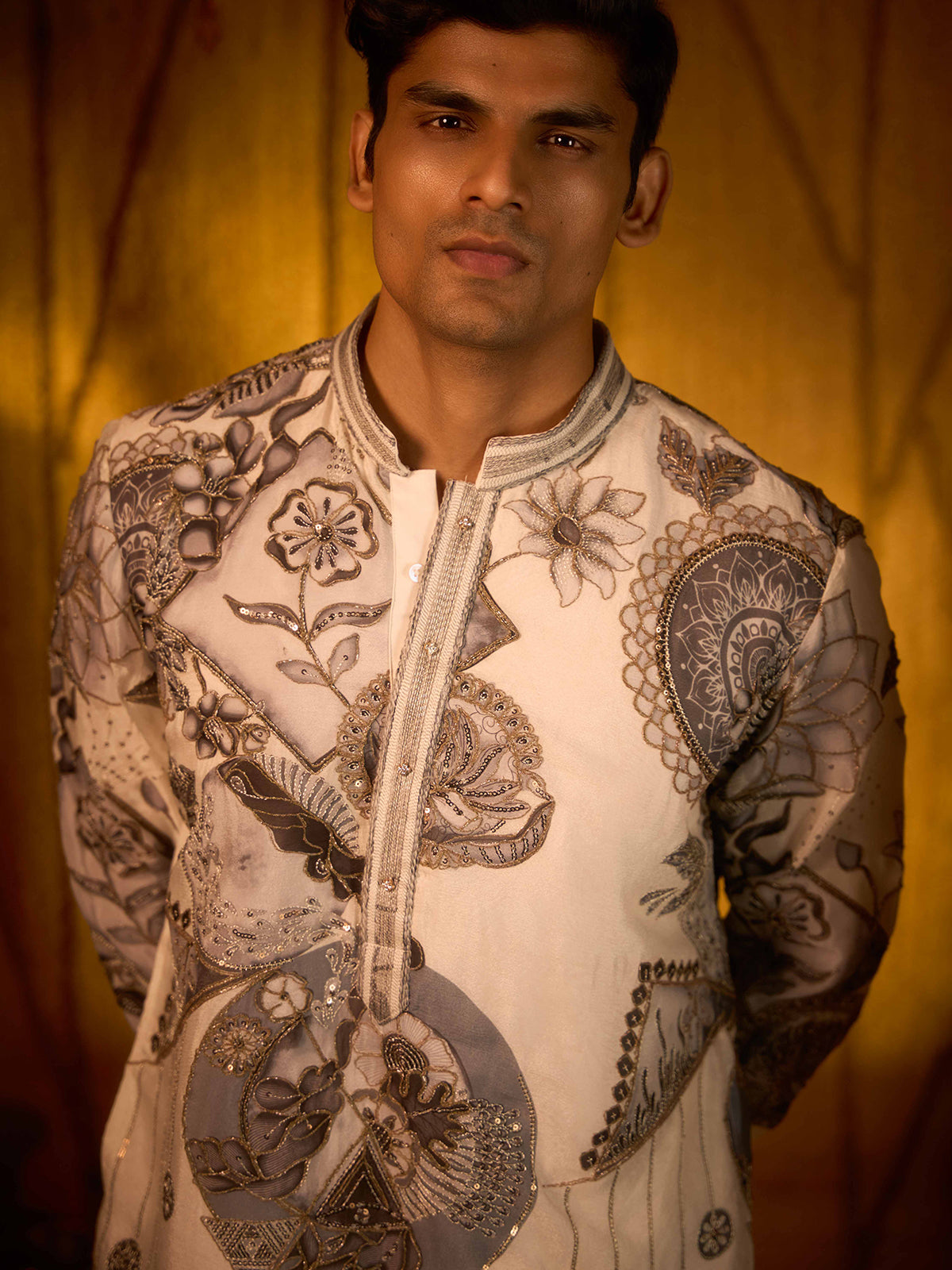 Cream printed tissue silk botanical designer kurta suit